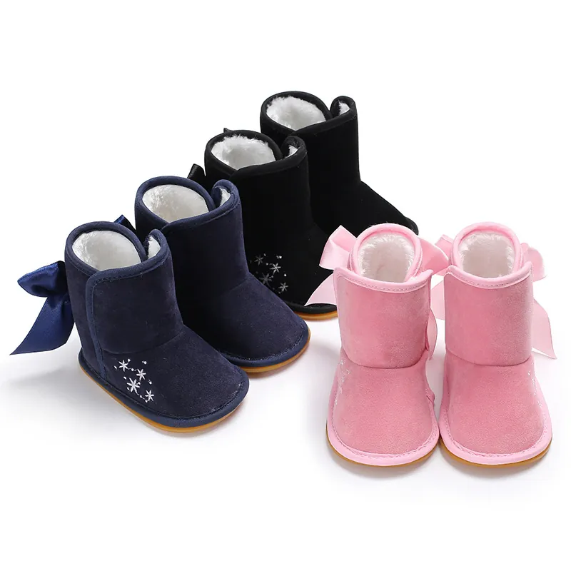Baby Mädchen Winter Schneestiefel Stoff Kunstpelz Gefüttert Warm Lauflernschuhe Rutschfest Weiche Sohle Mit Schleife Schneeflocke Stickerei
