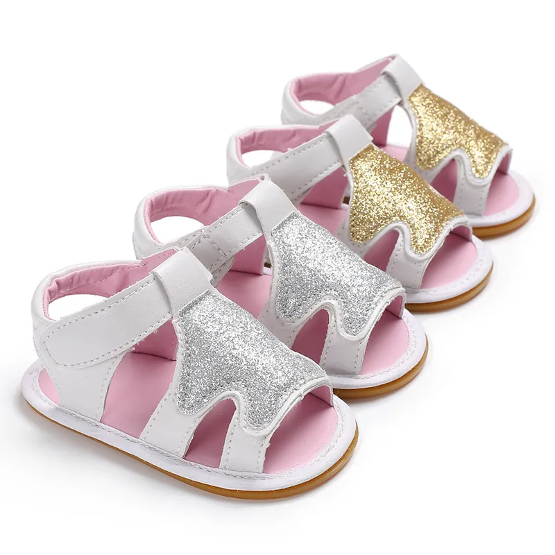 Sandalias de Verano para Bebés Niñas Lentejuelas Corona Antideslizantes Cuero PU Zapatos de Primeros Pasos para Infantes Transpirables
