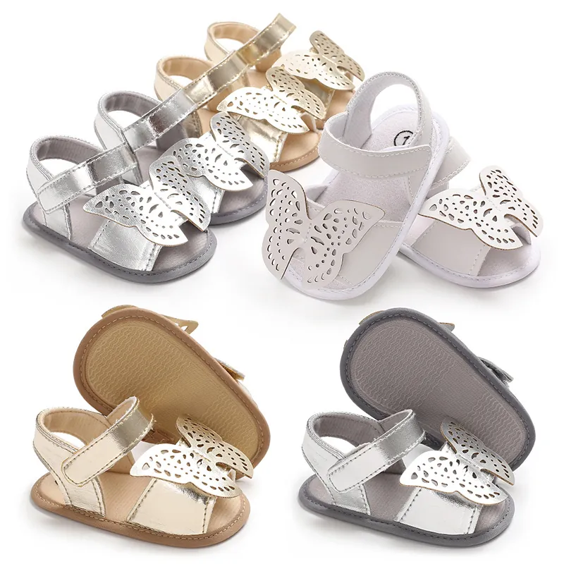 Sandalias de Bebé para Niña con Mariposa Hueca Cuero de PU Metálico Suela de Silicona Suave Antideslizante Zapatos Oro