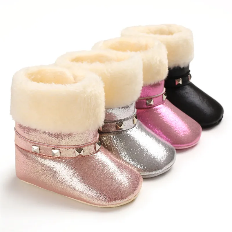 Bottes de Neige d'Hiver pour Bébé Fille 0-1 An Chaussures Premier Pas Semelle Souple Fausse Fourrure Chaude Bottes à Rivets Pailletées
