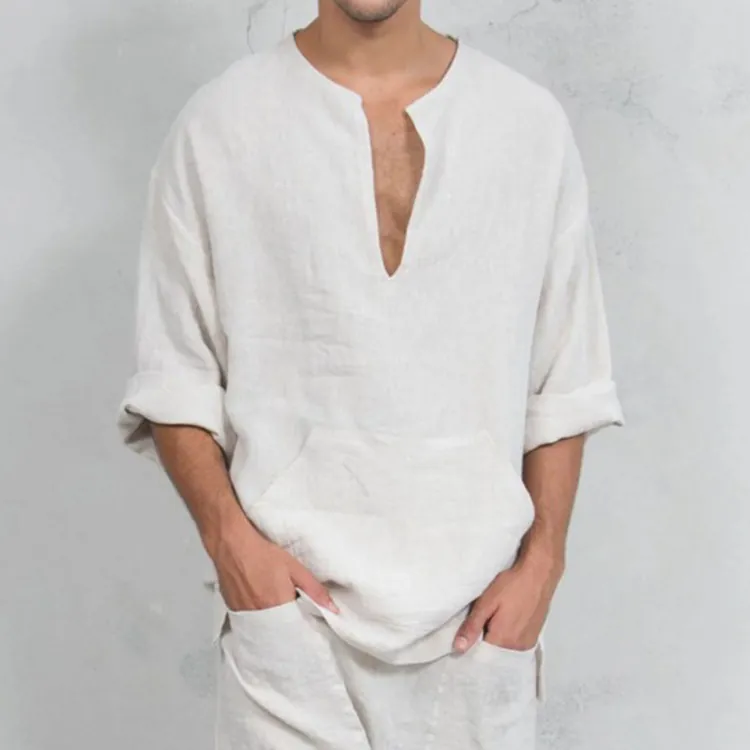 Ανδρικό Ethnic T-Shirt με Λαιμόκοψη V Χαλαρό Μακρυμάνικο Μείγμα Βαμβακιού Casual Αναπνεύσιμο Τοπ με Τσέπη