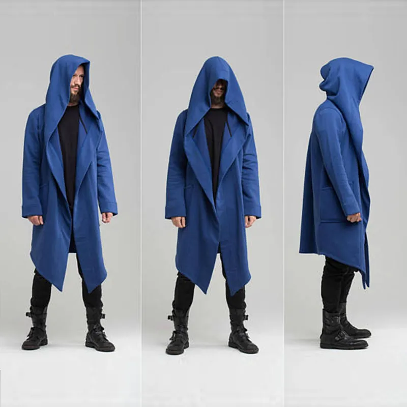 Men Long Hooded Cloak Cardigan Coat Cotton Blend Solid Color Irregular Hem Gothic Streetwear Hoodie Top Outerwear Casual