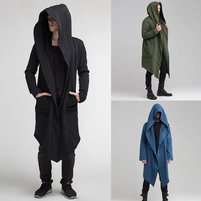 Men's European Style Hooded Long Cardigan Fleece Thickened Coat Solid Color Streetwear Outerwear For Autumn Winter