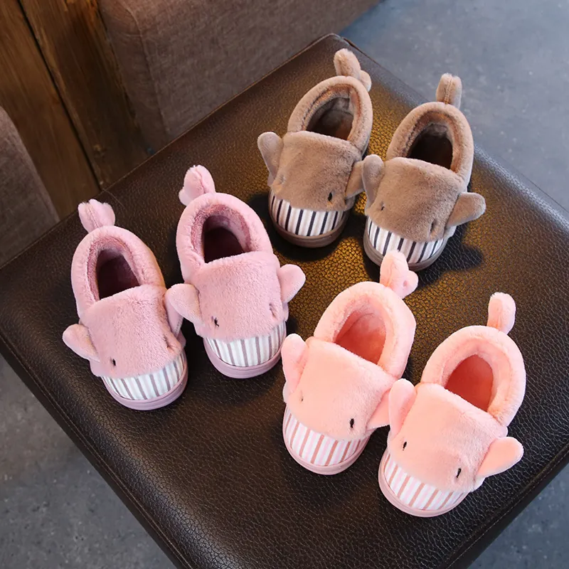 Toddler Kids Winter Warm Cotton Slippers Cute Cartoon Shark Plush House Shoes Non-Slip Soft Sole Full Back Covered Indoor Footwear
