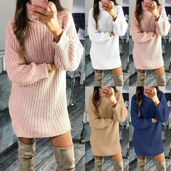 Abito in Maglia di Acrilico a Tinta Unita Moda Donna Casual Largo Collo Alto Manica Lunga Abito Maglione per Autunno Inverno