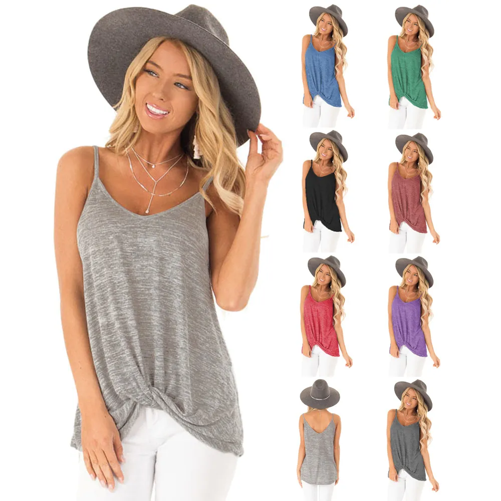 Women Summer Spaghetti Strap V Neck Tank Top Casual Sleeveless Cotton Blend Twist Knot Hem Cami Top Solid Color Sexy Top
