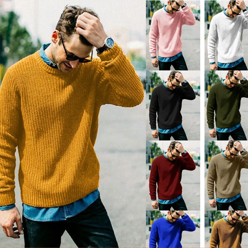 Men's Slim Fit Acrylic Knit Pullover Sweater Ribbed Texture Round Neck Long Sleeve Casual Autumn Winter Knitwear Top