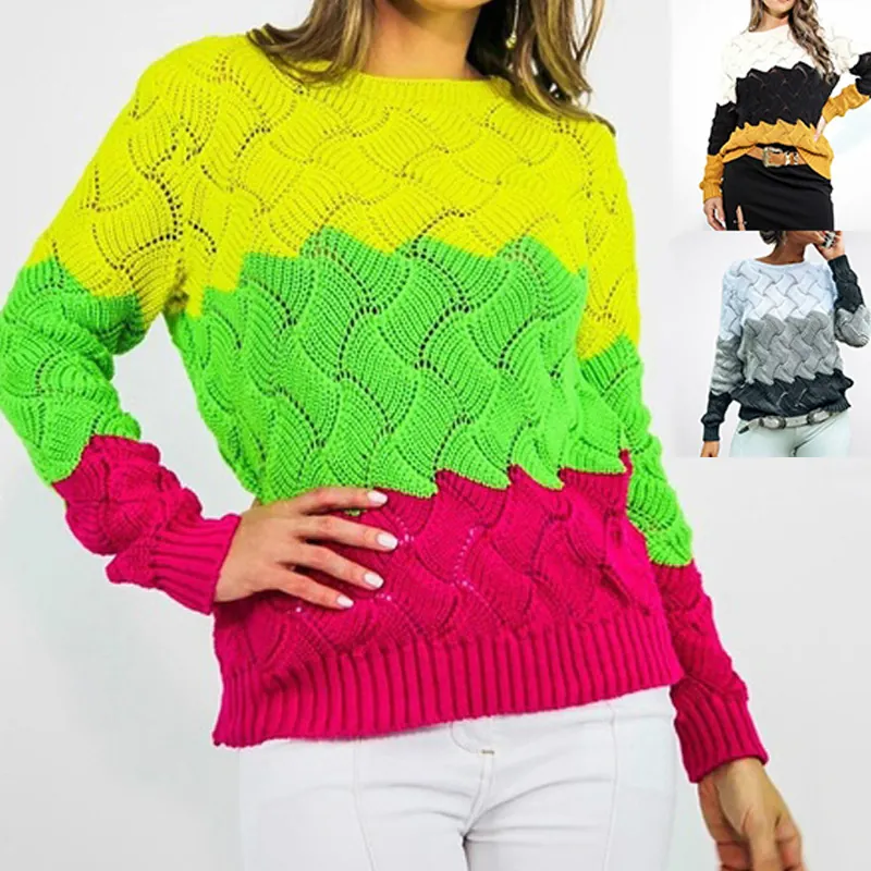 Women Rainbow Striped Knitted Sweater Crew Neck Long Sleeve Color Block Wave Pattern Loose Pullover Casual Autumn Winter Top