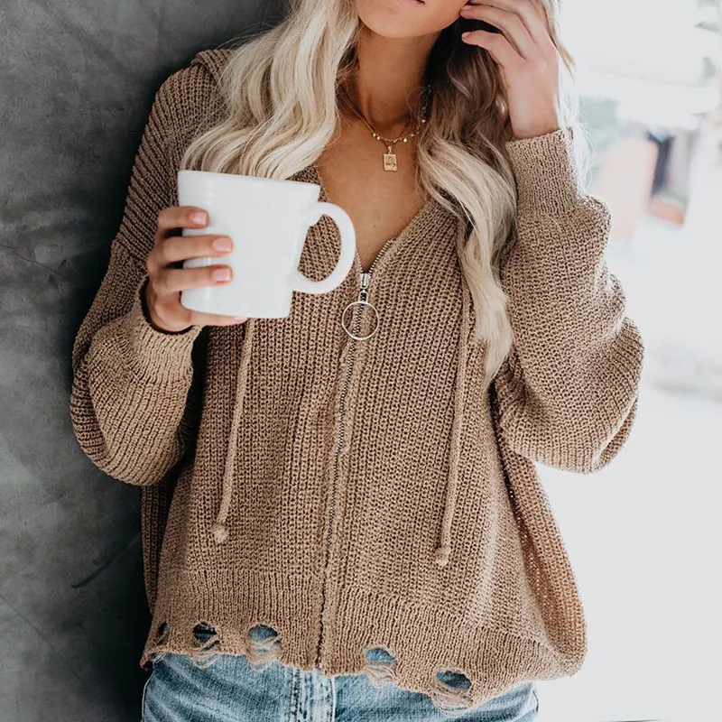 Damen Acryl Kapuzenpullover Reißverschluss Lockerer Pullover Unregelmäßiger Distressed Strickcardigan Einfarbig Herbst Winter Top
