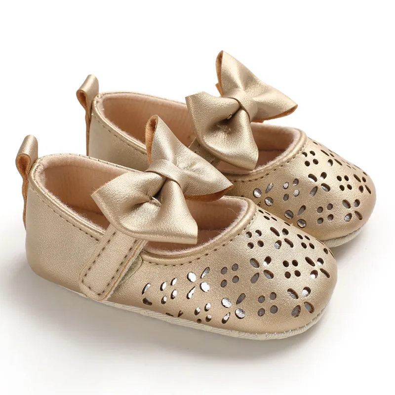 Zapatos de Primeros Pasos Princesa para Bebé Niña Suela Blanda Dorado Cuero PU Lazo Calado Transpirable Mary Jane