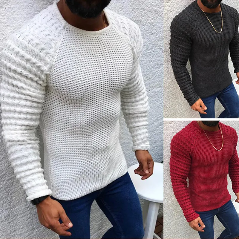 Herren Slim Fit Pullover Rundhals Waffel Zopfmuster Acryl Winter Einfarbig Langarm Lässig Strickwaren Top