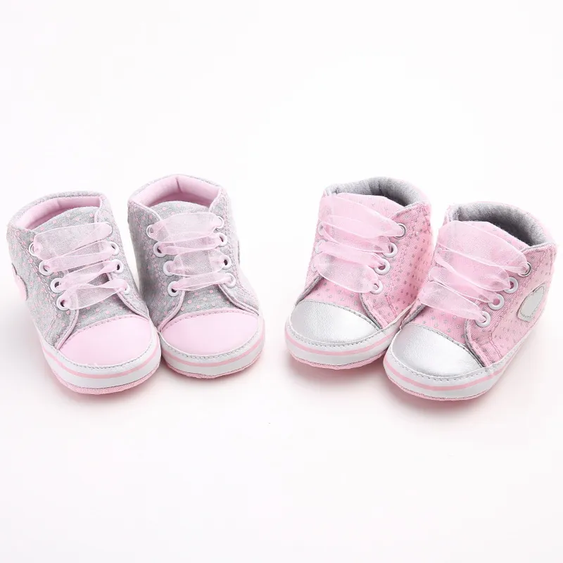 Baby Mädchen Weiche Sohle Baumwolle Lauflernschuhe Rosa Punkte Herz Dekor Mittelhoch Lässig Kleinkind Schuhe 0-1 Jahr Alt