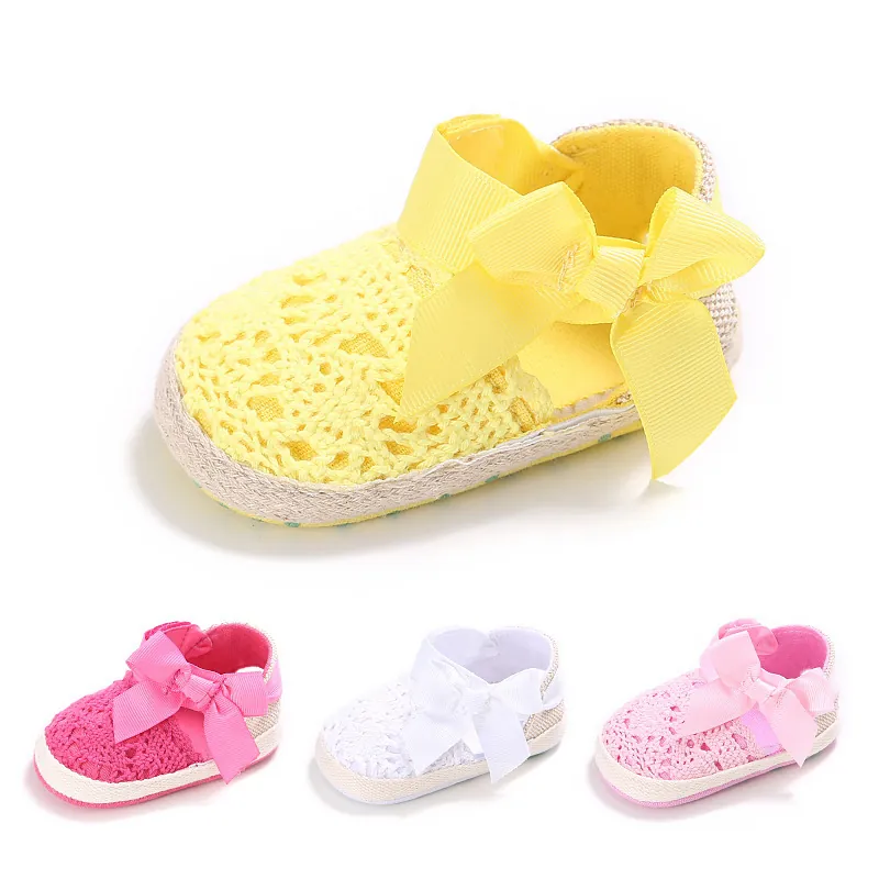 Sandales de Princesse pour Bébé Fille Nœud Dentelle Ajouré Chaussures de Marche Semelle Souple Coton Chaussures de Berceau Été