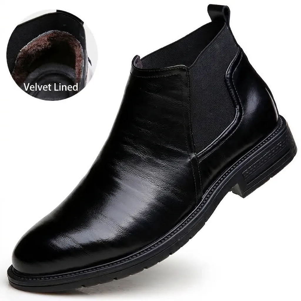 Men Business Formal Chelsea Boots Winter Fleece Lined Mid-Top Warm PU Leather Waterproof Non-Slip Plus Size Dress Boots