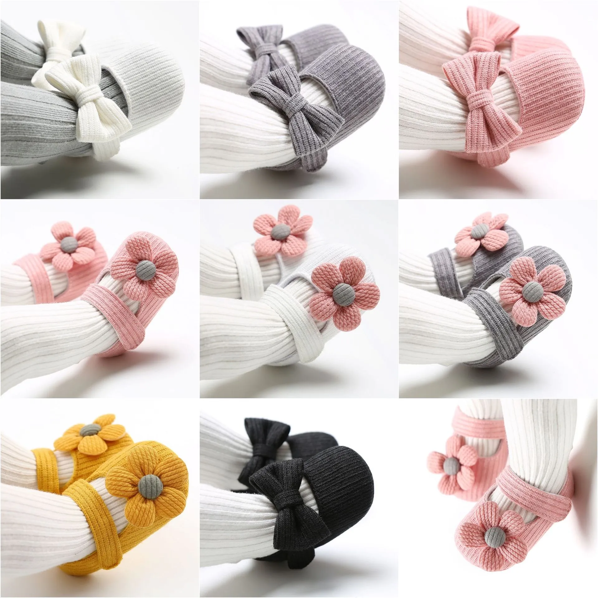 Infant Baby Girl Knitted Cotton Princess Shoes Soft Sole First Walkers With 3D Flower Decoration Hook And Loop Baby Shoes