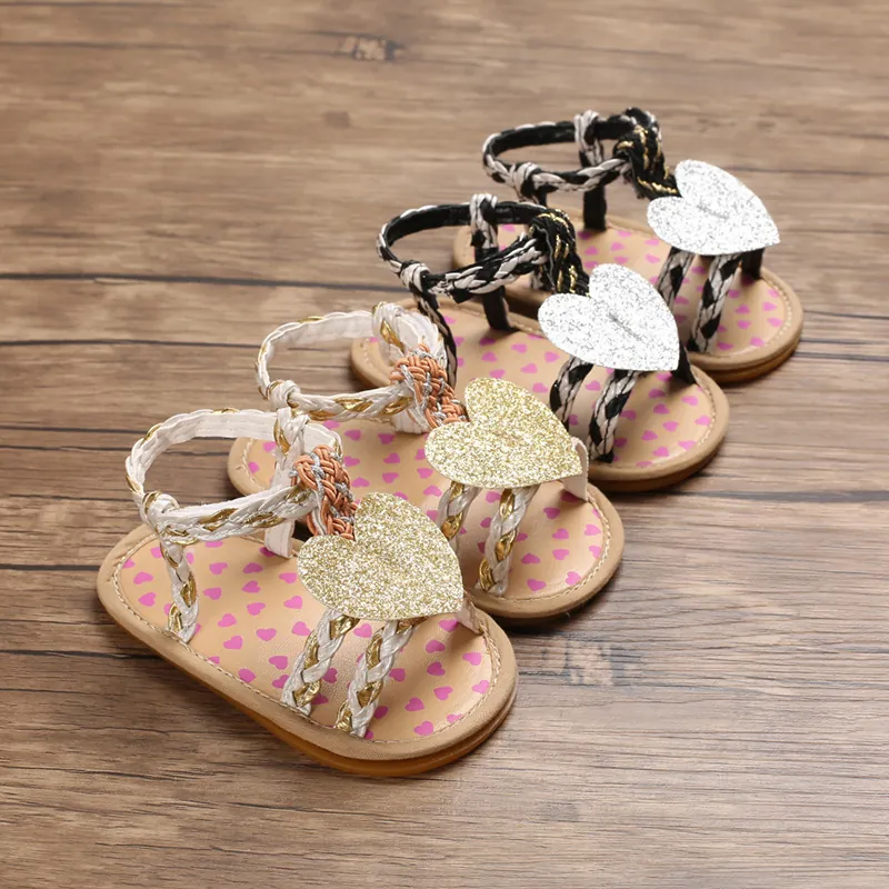 Infant Baby Girls Summer Sandals Glitter Heart Sequins Woven Strap Toddler First Walkers Soft Non-Slip Prewalker Shoes