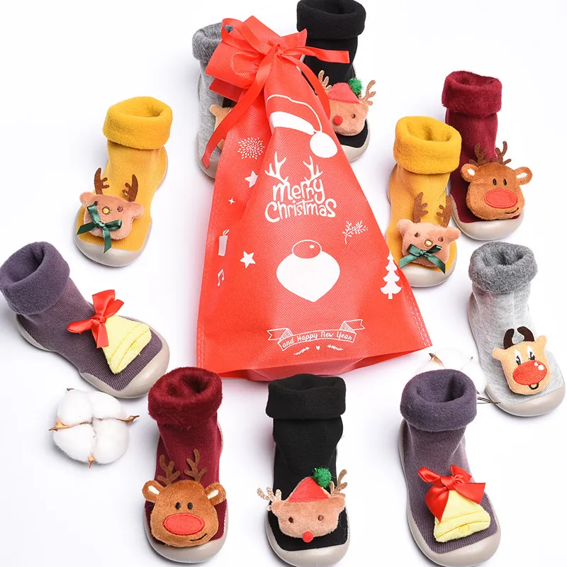 Zapatos de Calcetín para Bebé de Navidad Dibujos Animados Reno Antideslizante Suela Blanda Invierno Cálido Forro Polar