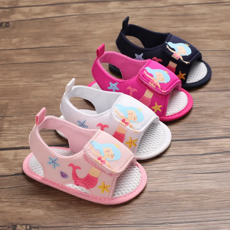 Sandalias de Verano para Bebé Suela Blanda Lona Transpirable Dibujos Animados Sirena Zapatos de Primeros Pasos con Velcro Antideslizante