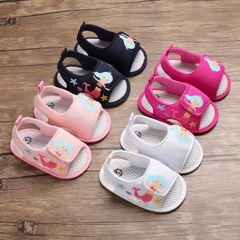 Cute Baby Summer Sandals Mermaid Printed Canvas Mesh Soft Sole Non-slip Pre-walker Shoes For Infants Girls Boys First Walkers