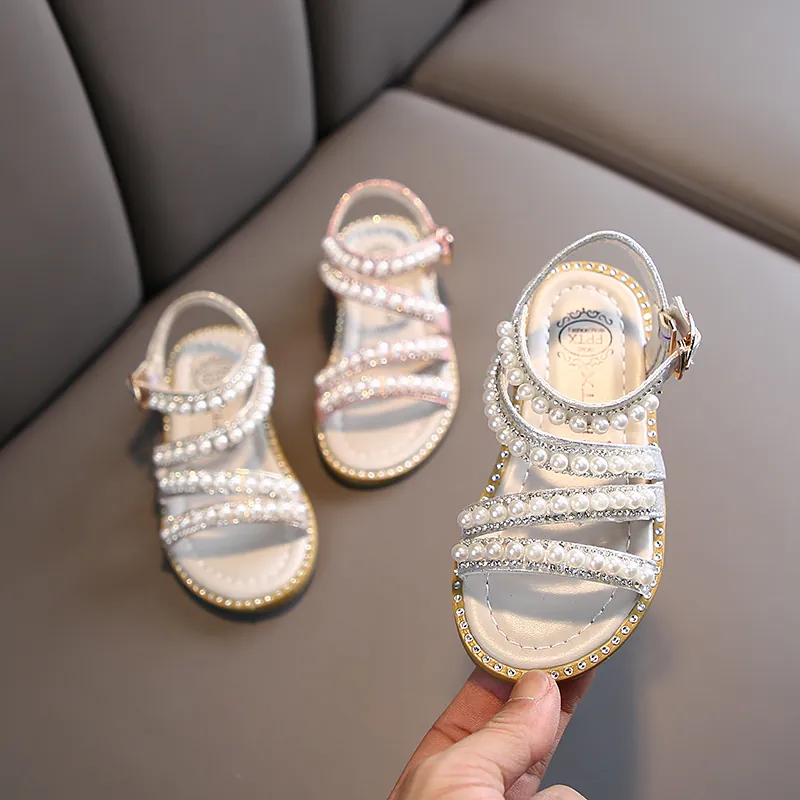 Mädchen Prinzessin Sandalen Künstliche Perle Strass Sommerschuhe Kleinkind Performance Sandalen Gold Silber Rosa Performance Schuhe