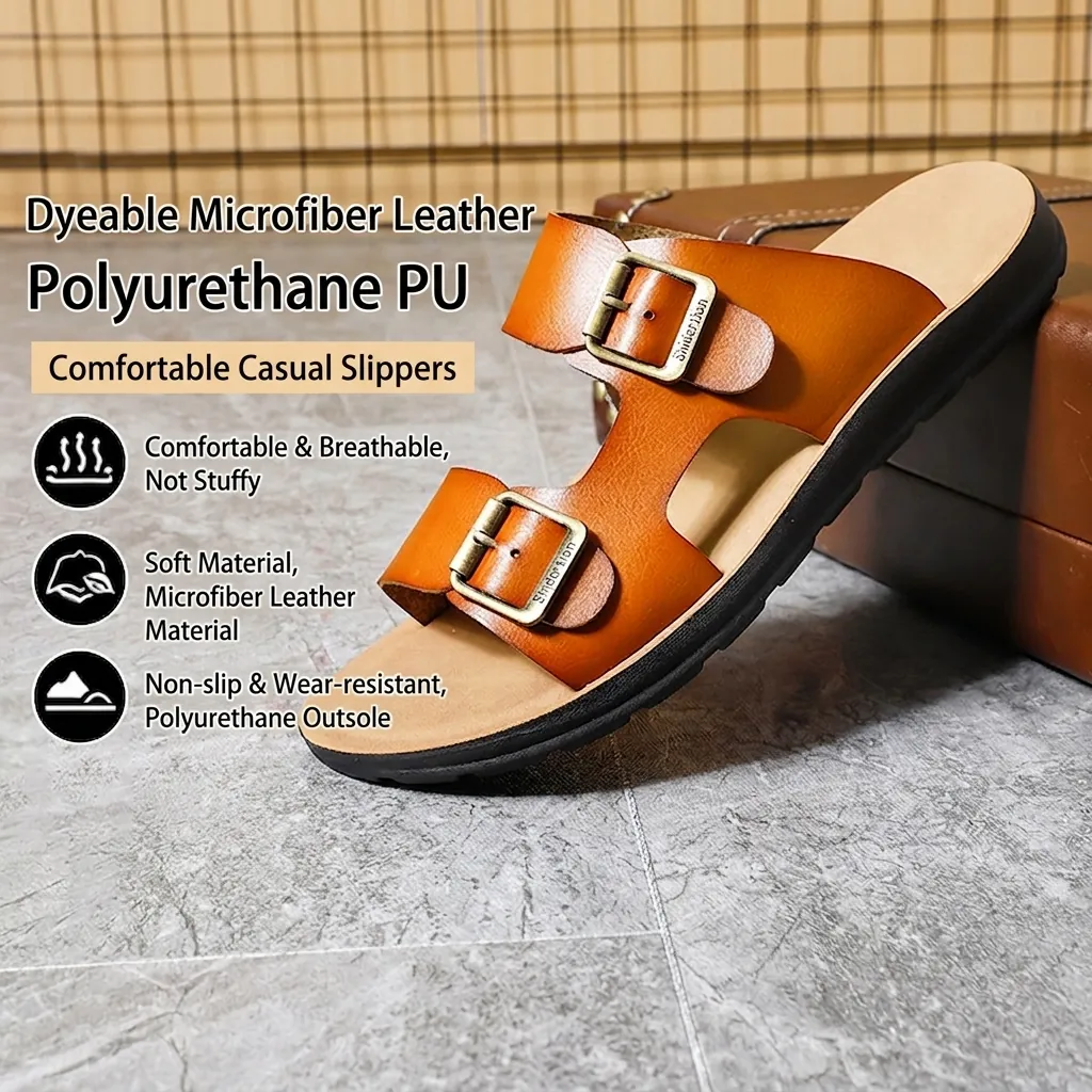 Herren Mikrofaser Leder Doppel-Schnallen Sandalen Atmungsaktiv Rutschfest Outdoor Strand Hausschuhe Metallschnalle PU-Sohle