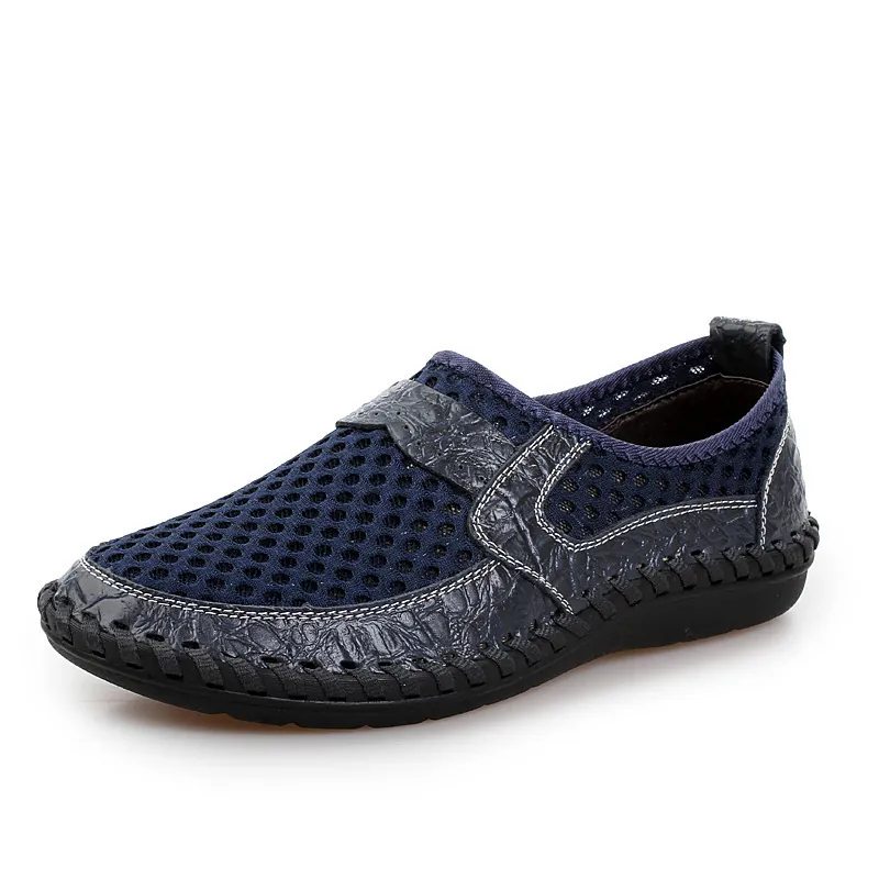 Men Summer Breathable Mesh Casual Slip On Shoes Cow Leather Patchwork Crocodile Texture Flat Loafers Outdoor Walking Footwear