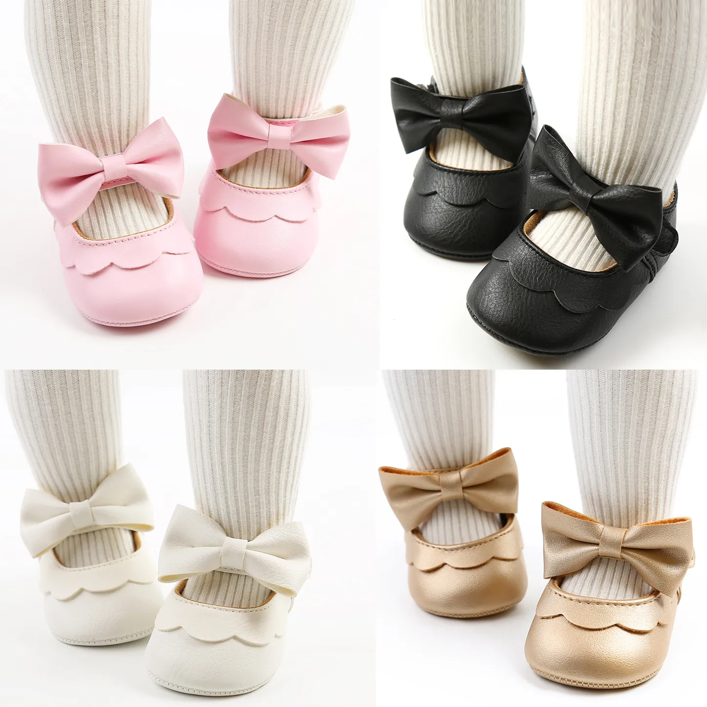 Baby Girls Princess Shoes Soft Sole PU Leather Scalloped Edge Large Bow Toddler Mary Jane First Walkers Wedding Party Shoes