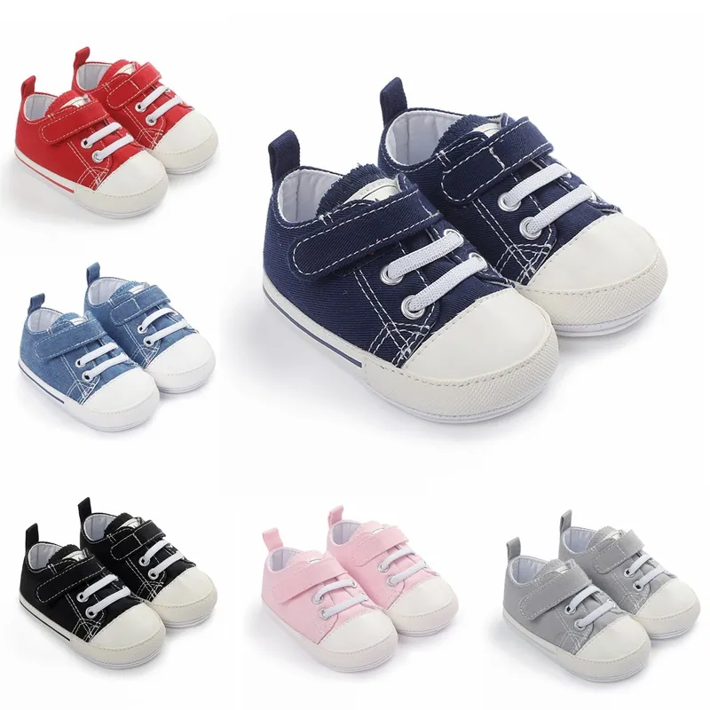 Chaussures de Premier Pas en Toile pour Bébé Couleurs Bonbon Semelle en Caoutchouc Souple Antidérapante Baskets à Scratch