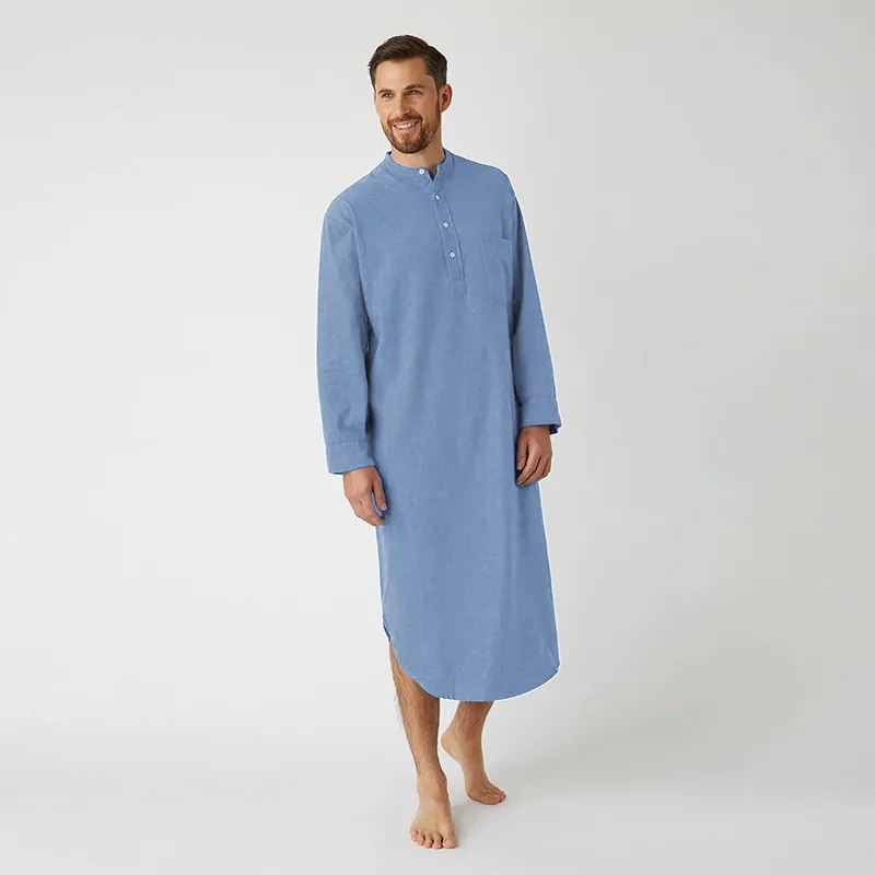 Men's Cotton Casual Robe Long Sleeve Stand Collar Kaftan Traditional Ethnic Style Button Curved Hem Loungewear Solid Color Robe