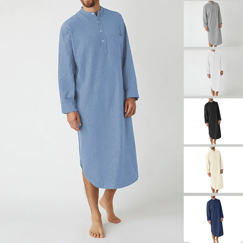 Men's Long Sleeve Button Solid Color Robe Cotton Blend Knitted Loose Long Shirt Casual Loungewear Kaftan Thobe For Spring Autumn