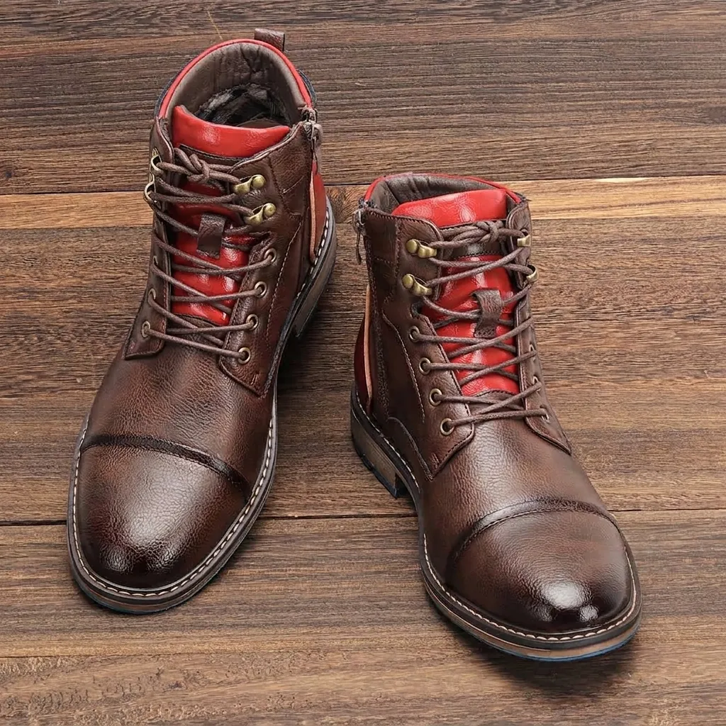 Men Vintage Distressed Work Boots PU Leather Side Zipper Front Lace-up Martin Boots Non-slip Blue Rubber Sole Casual Boots