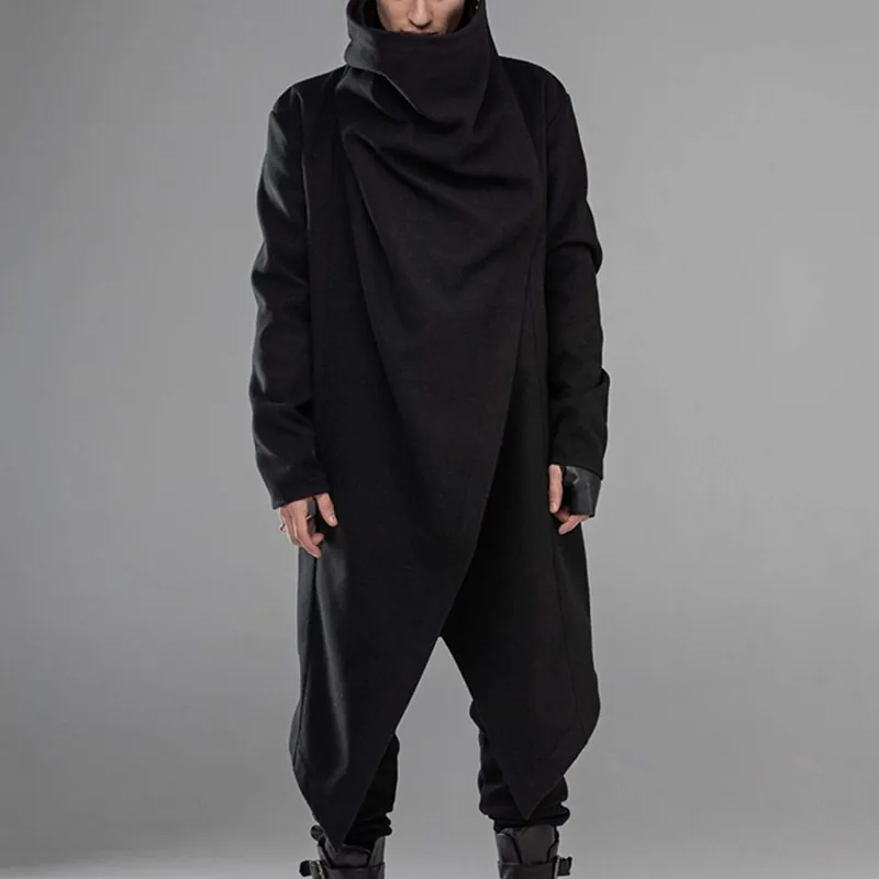 Men Irregular Cloak Windbreaker High Collar Punk Gothic Solid Color Long Sleeve Poncho Jacket Outerwear For Winter Men