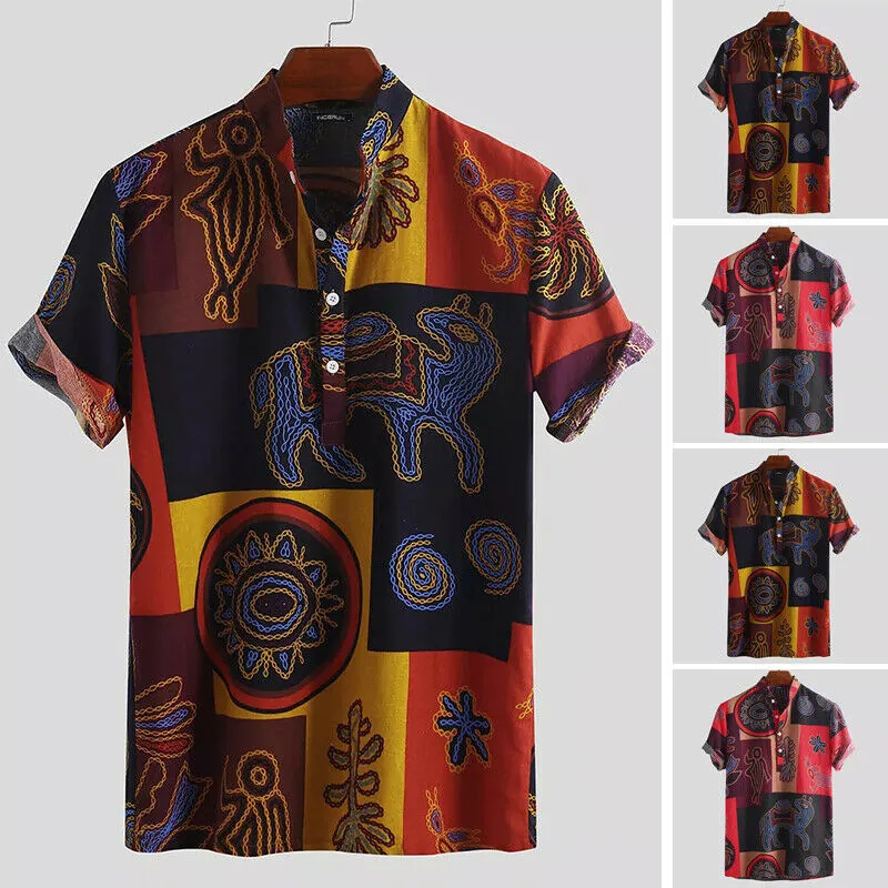 Herren Ethnisch Orakelknochen Bedruckt Baumwollmischung Hemd Stehkragen Locker Kurzarm Lässig Henley Top Retro Sommer Hemd