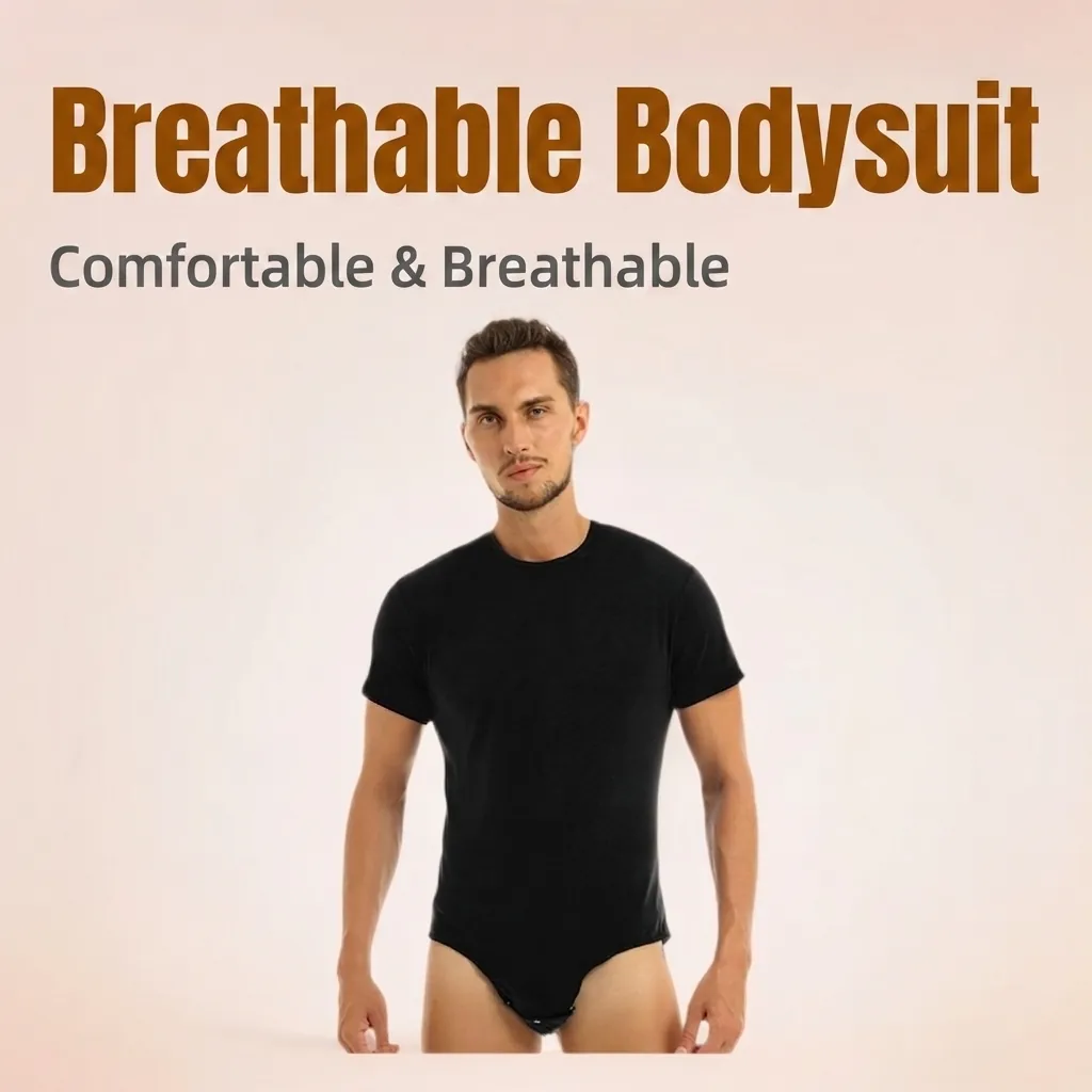 Men's Casual Bodysuit Short Sleeve Round Neck Snap Button Crotch Breathable Jumpsuit Slim Fit Home Pajamas Romper Loungewear