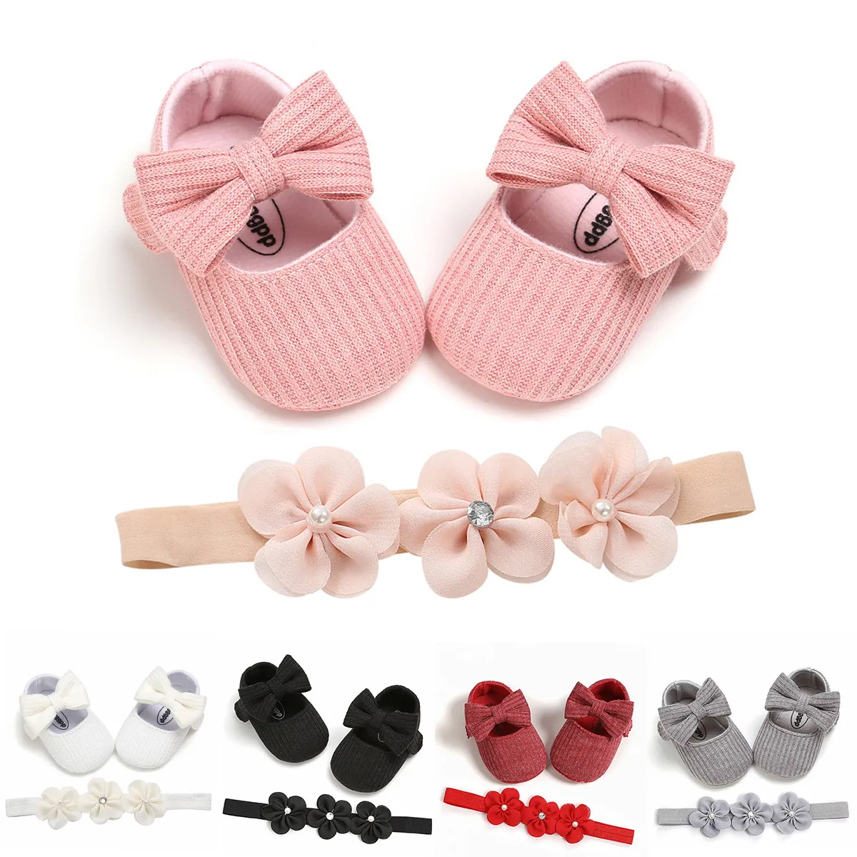 Baby Girl Soft Sole Princess Toddler Shoes Headband Cotton Knit Bow Flower Artificial Pearl Rhinestone Prewalker Shoes