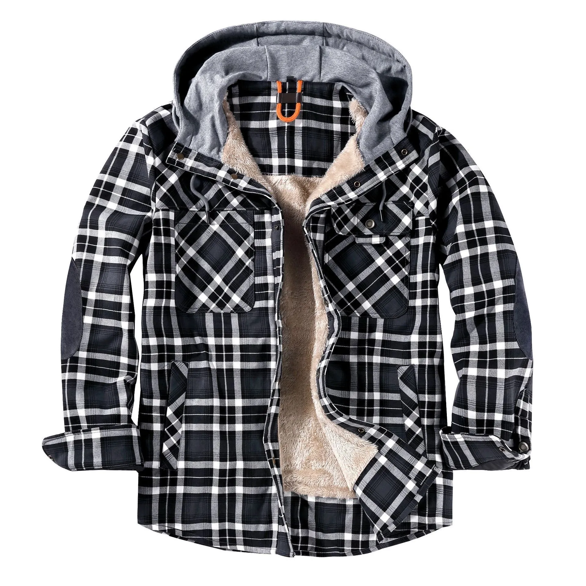 Men's Plaid Hooded Shirt Jacket Fleece Lined Heavyweight Winter Warm Cotton Coat With Knit Hood Elbow Patches Top