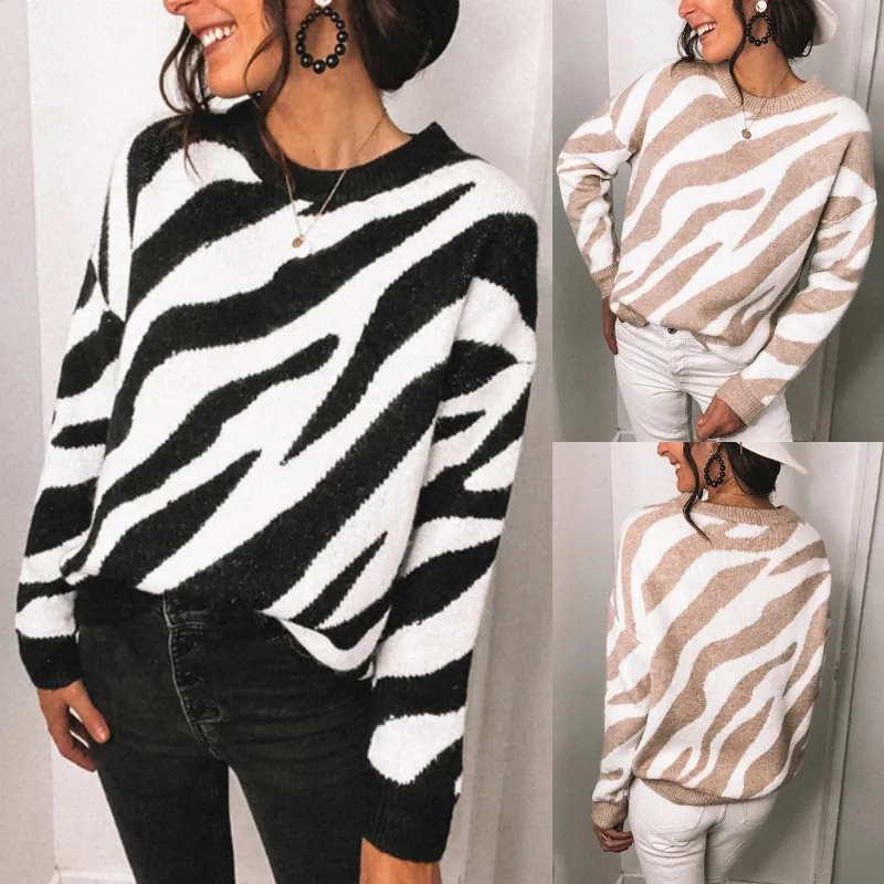 Women Zebra Pattern Round Neck Long Sleeve Knit Sweater Casual Pullover Acrylic Autumn Winter Fashion Knitwear Top