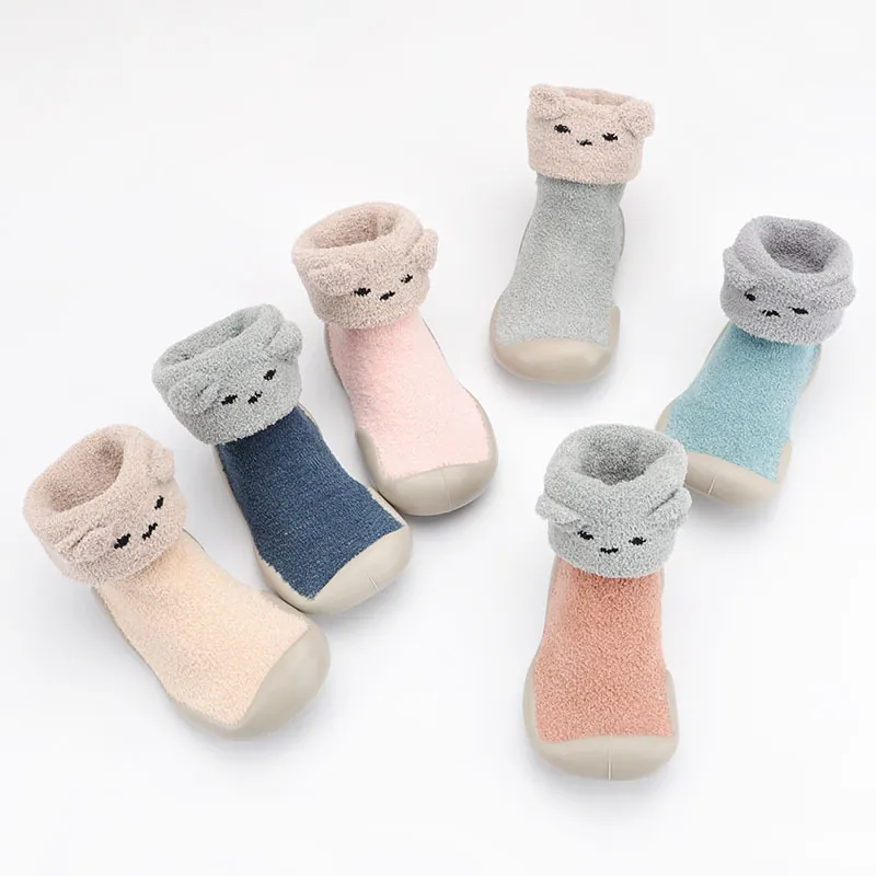 Toddler Kids Cartoon Coral Fleece Warm Indoor Sock Shoes Non-slip Soft Rubber Sole Winter Pre-walker Floor Slippers Boys Girls