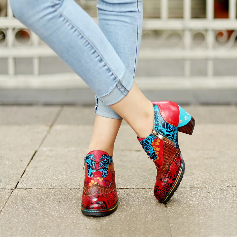 Women Vintage Ethnic Floral Print Genuine Leather Boots Retro Bohemian Patchwork Block Heel Side Zipper Ankle Boots Fashion Shoes