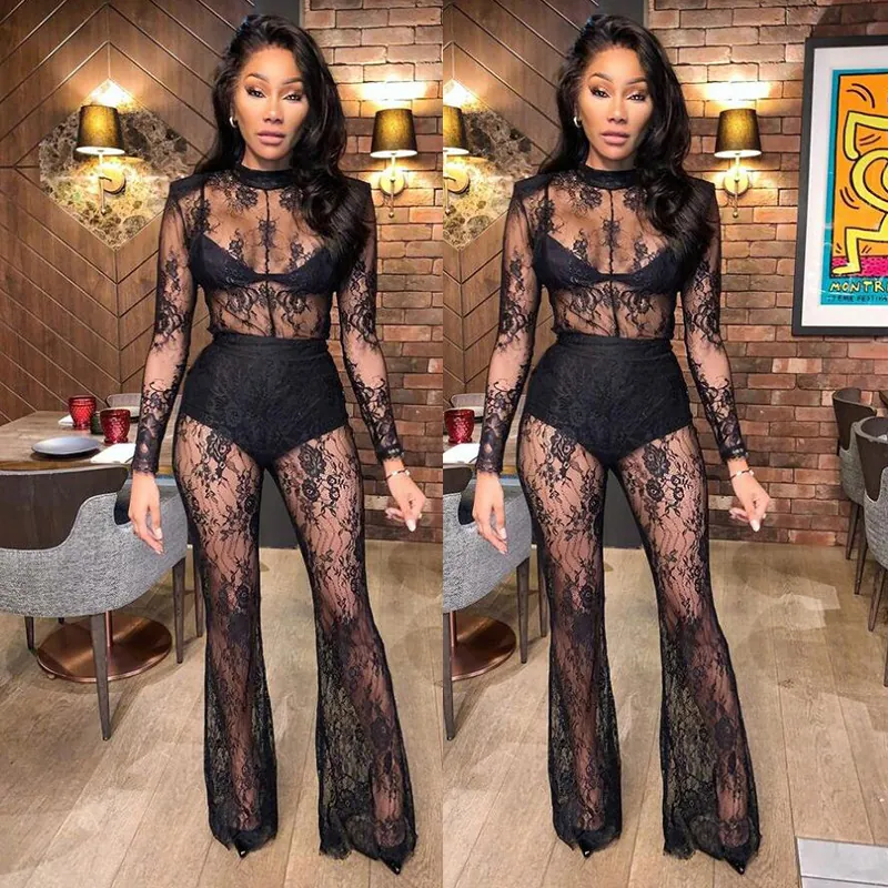 Damen Sexy Spitze Durchsichtig Overall Langarm Floral Transparent Ausgestellt Hosenbein Einteiler Clubwear Party Body