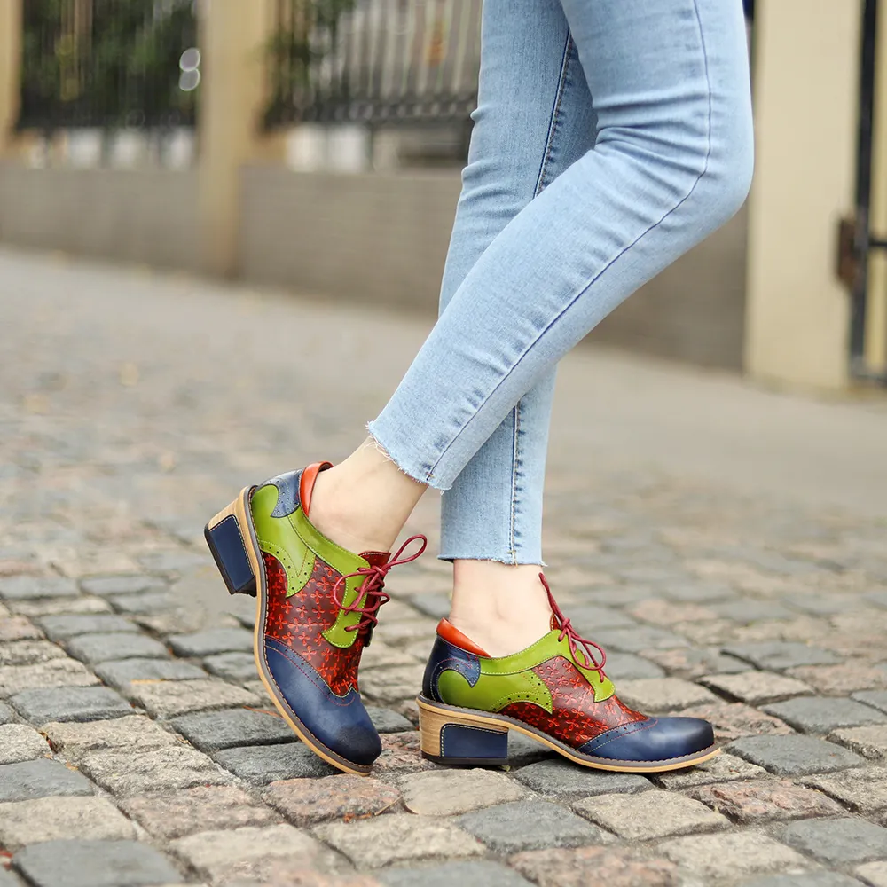 Women's Retro Ethnic Style Cowhide Leather Patchwork Brogue Shoes Lace-up Casual Oxford Flats With Block Heel Academic Shoes