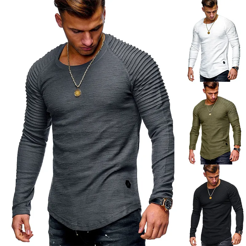 Herren Casual Slim Fit Rundhalsausschnitt Langarm T-Shirt Einfarbig Gerippte Schulter Falten Design Abgerundeter Saum Polyester Top