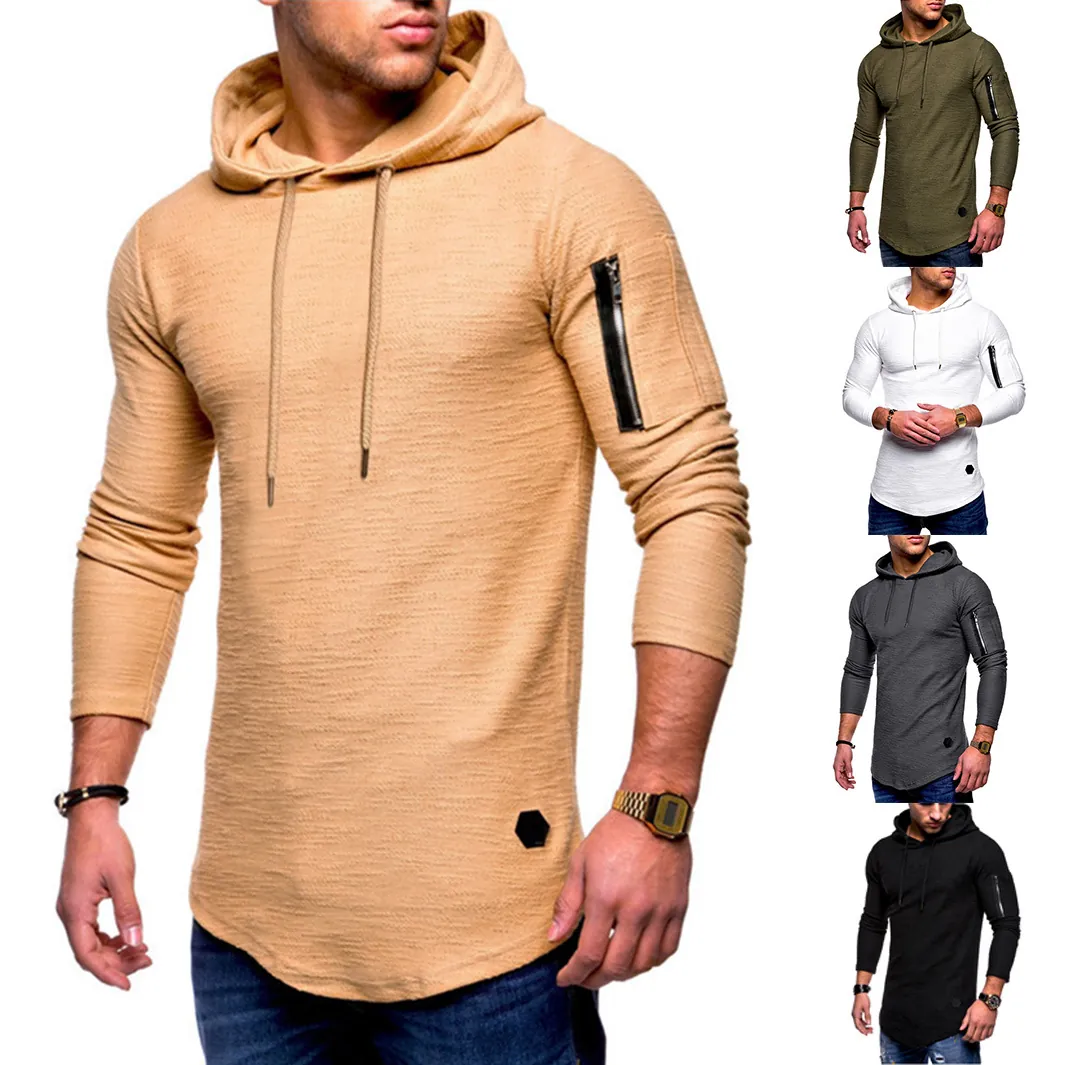 Camiseta Ajustada Con Capucha para Hombre Manga Larga Con Bolsillo Cremallera Color Sólido Casual Dobladillo Curvo Top