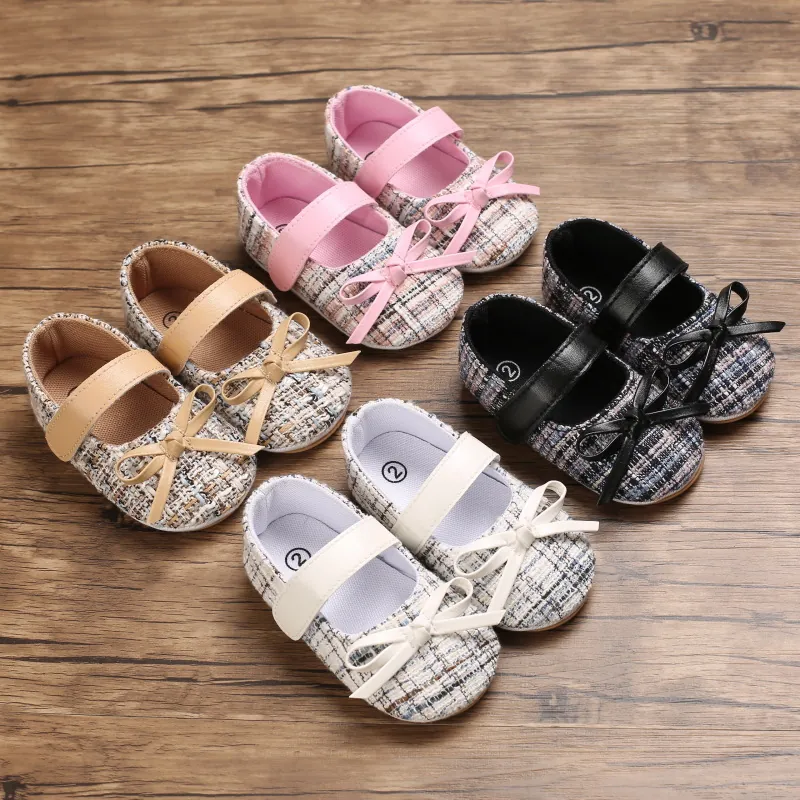 Kleinkind Mädchen Prinzessin Lauflernschuhe Schleife Tweed Baumwolle Weiche Sohle Rutschfeste Mary Jane Babyschuhe Für Feier Party