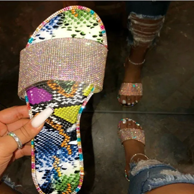 Women Rhinestone Slides PU Flat Sandals Summer Beach Outdoor Fashion Bling Slip On Shoes Daily Casual Solid Color Footwear