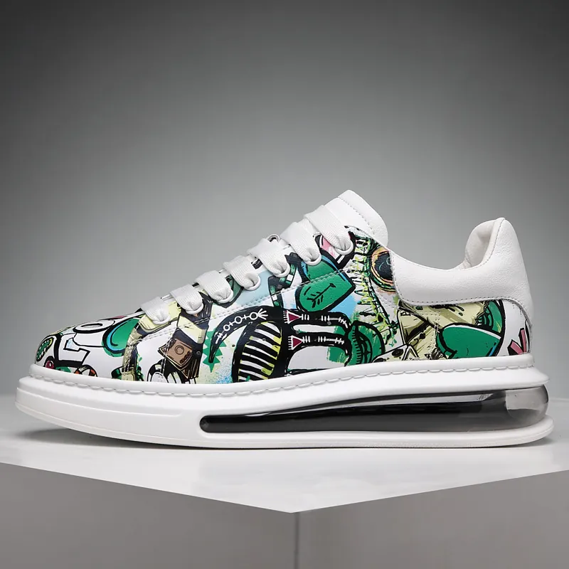 Men Fashion Graffiti Printed Casual Sneakers Hip Hop Air Cushion Platform Shoes Trendy Street Style PU Leather Skate Shoes