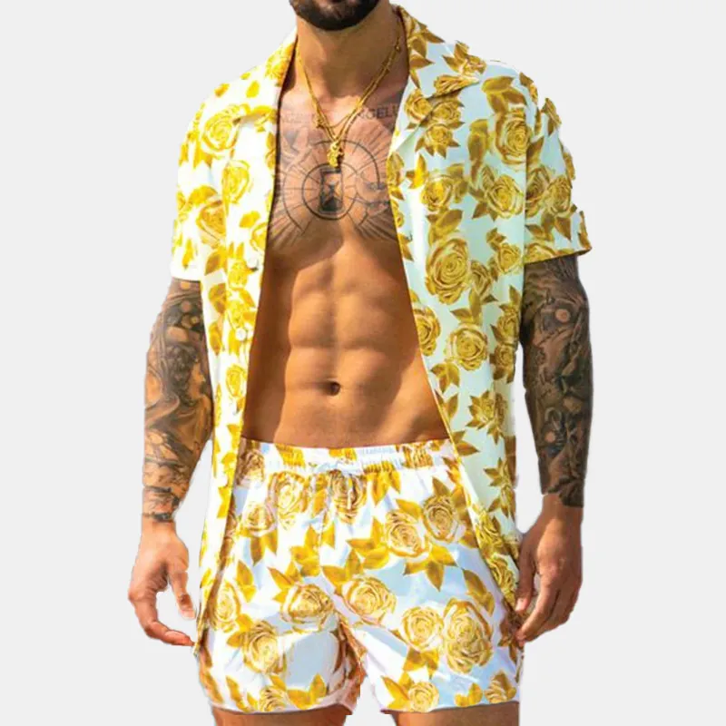 Tenue Top And Bottom Imprimé Floral Plage Hawaïenne pour Hommes Chemise à Manches Courtes et Short Décontracté Été Vacances Resort