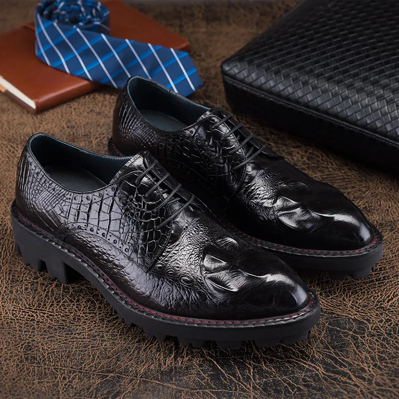 Men's Crocodile Pattern Genuine Leather Shoes European Trendy Embossed Thick Sole Lace-up Brogue Leather Shoes For Men