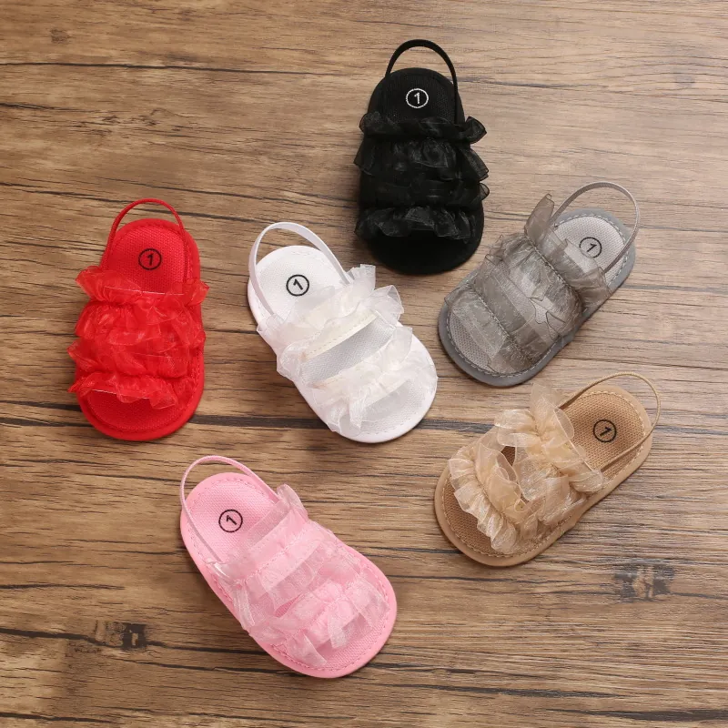 Sandalias de Malla con Volantes para Bebé Niña Verano Suela Blanda Antideslizante Zapatos para Aprender a Caminar Algodón Transpirable Oro Rosa Blanco Rojo Gris Negro