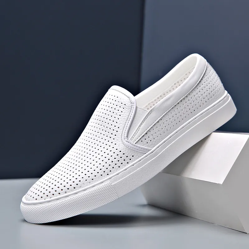 Mocassini Uomo in Pelle Casual Traforato Traspirante Scarpe da Tavola Moda Bianco Nero Comodo Calzature Quotidiano